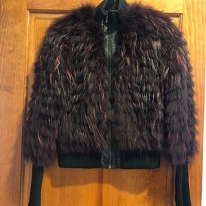 BCBG Jillian RED* Bomber Jacket Raccoon Sweater Coat